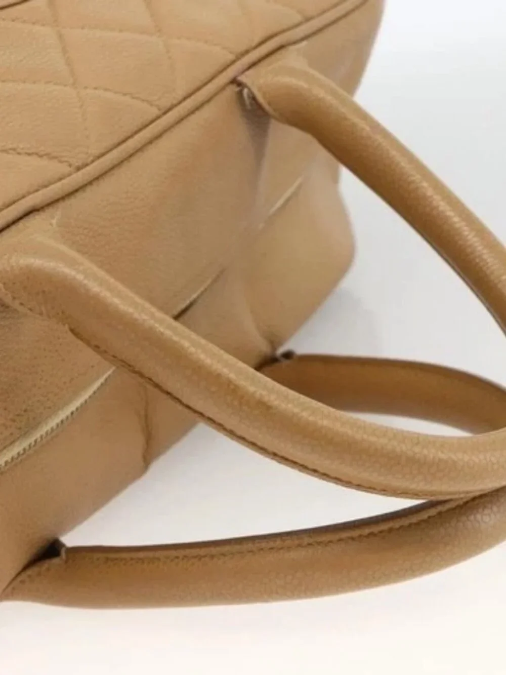 CHANEL Matelasse Boston Bag Grained Calf Skin Beige Gold CC Auth mr2295